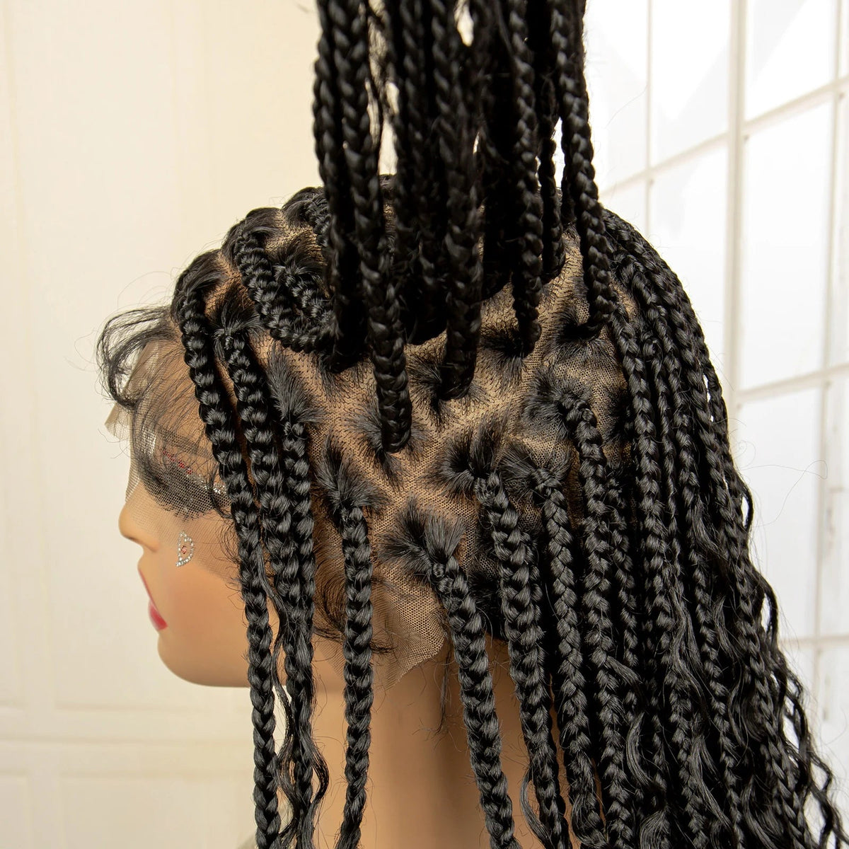 36 Inches Long Boho Braided Wigs with Baby Hair Synthetic Full Lace Knotless Box Braiding Wig with Curly Lace Frontal Wig Luxegan