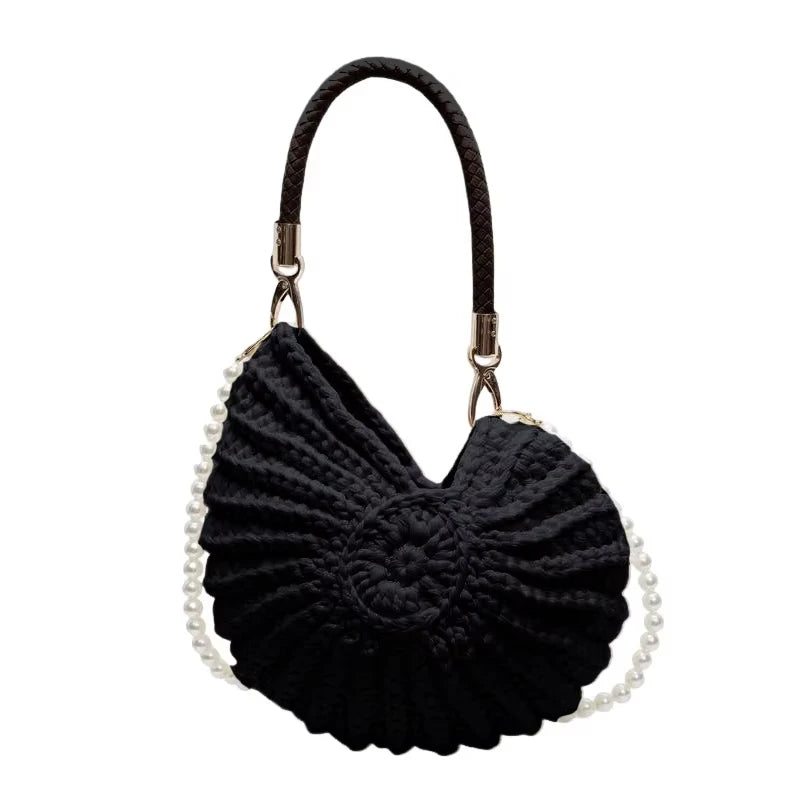 Crochet Conch Shell Bag | Elegant Pearl Chain Crossbody Purse Luxegan