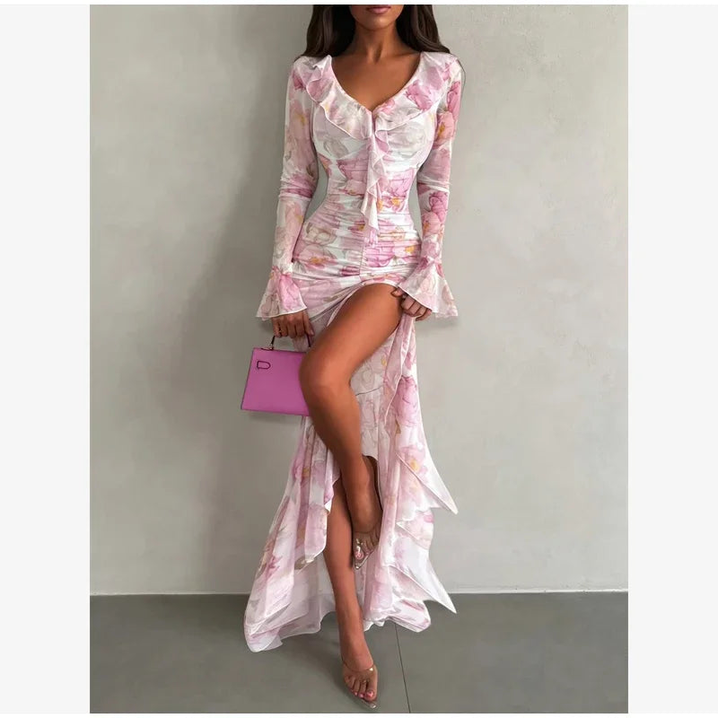 Flutter Sleeves Slim Long Dress Women Casual Pleated Deep V-neck Floral Print High Waist Dresses 2026 Lady Summer Holiday Wear