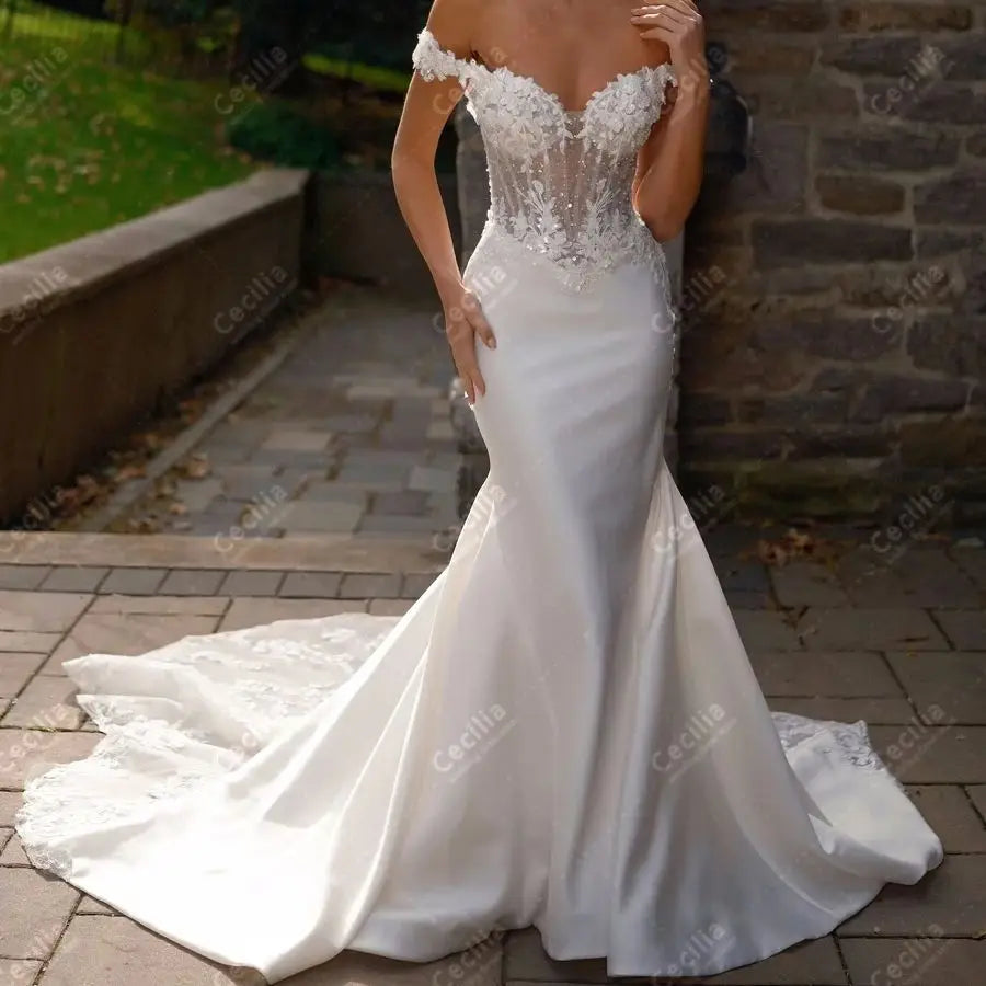 Vintage Off-The-Shoulder Satin Mermaid Wedding Dress | Luxurious Lace Applique Sweetheart Bridal Gown | Exquisite Ruched Pleated Vestidos De Novia | Custom Plus Size Floor-Length Gown with Sweep Train Luxegan