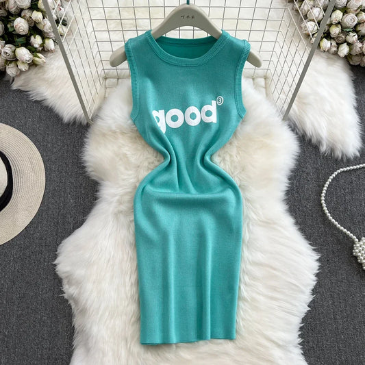 Women's Y2K Letter-Printed Knitted Mini Dress | Sexy Sleeveless Tank Bodycon Summer Dress | High Stretch Slim Fit Sheath Vestido | Office Lady Premium Empire Waist Knitwear Luxegan