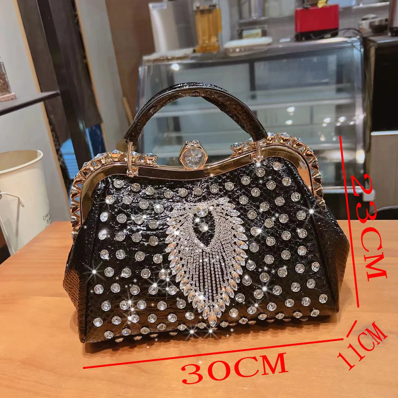 PU Leather Serpentine Frame Bag | Hard Rhinestones Top-Handle Crossbody Luxegan