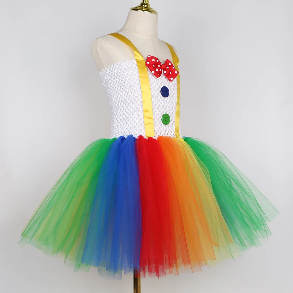 Funny Circus Clown Tutu Dress for Girls | Naughty Joker Cosplay Costume | Rainbow Patchwork Hand-Woven Carnival Party Ball Gown for Kids Luxegan