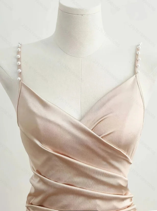 Beaded Spaghetti Strap Midi Dress – V-Neck, Slim Sheath, Natural Waist, Summer Luxegan
