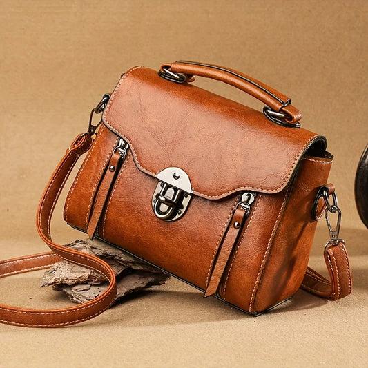 Vintage Turn-Lock Square Satchel Bag for Women | Classic PU Leather Shoulder & Crossbody Handbag (Everyday Tote, Secure Travel Purse) Luxegan