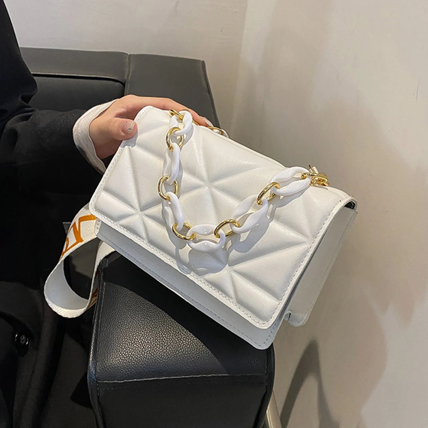 Women’s One-Shoulder Small Square Bag | Sophisticated Simple Printed Messenger | Elegant Baguette Bag for Banquet & Business | "Dignified" Moderate-Hardness Microfiber Leather Purse with Wide-Band Strap Luxegan