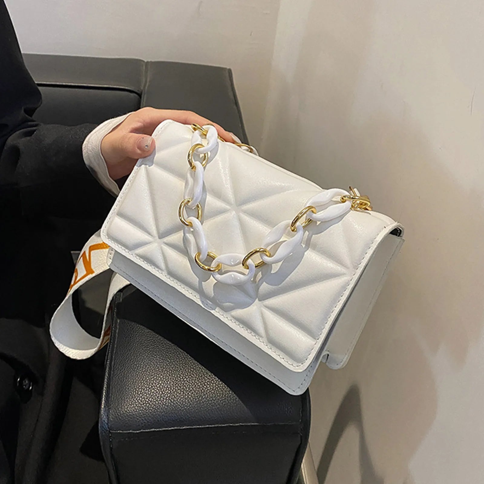 Women’s One-Shoulder Small Square Bag | Sophisticated Simple Printed Messenger | Elegant Baguette Bag for Banquet & Business | "Dignified" Moderate-Hardness Microfiber Leather Purse with Wide-Band Strap Luxegan