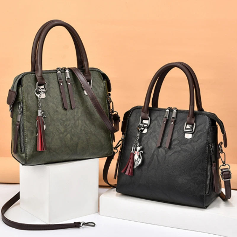 Hard Vintage PU Leather Tote | Tassel Top-handle & Luxury Shoulder Bag Luxegan