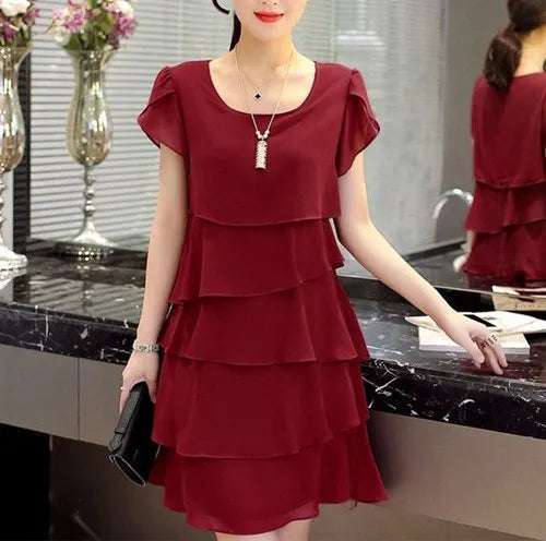 Women's Summer Solid Ruffle Shift Dress | Wave-Cut Short Sleeve Chiffon Sundress | Sweet Knee-Length Regular Fit All-Match Casual Dress Luxegan