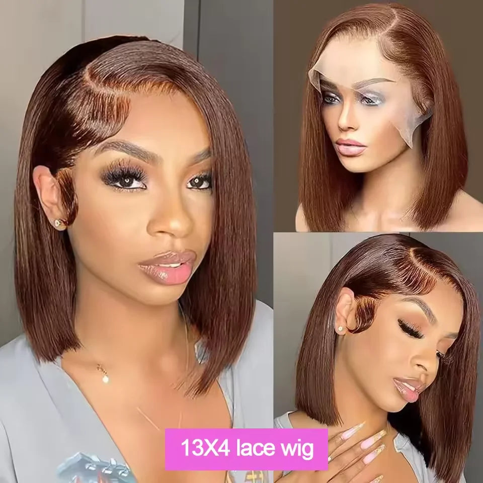#4 Chocolate Brown Straight Bob Wig | Sophisticated 200% Density HD Transparent Lace Frontal | Elegant "Short Bob" Silhouette | "Dignified" Pre-Plucked Brazilian Remy Human Hair for Radiant Versatile Styling Luxegan