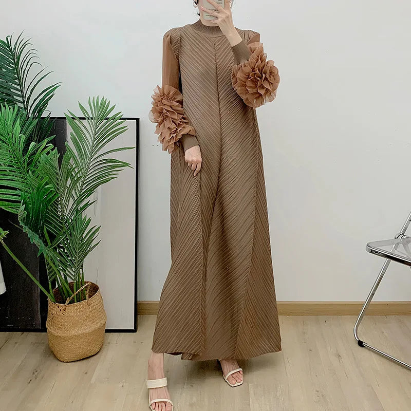 Solid Round Neck Long Sleeve Knotted Flower Trim Loose Fit Mid-Calf Dress – Natural Waist, Summer Luxegan