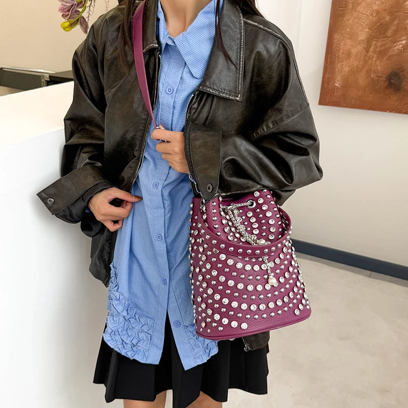 Studded Punk Rock Bucket Bag for Women | Pearl Charm Drawstring Leather Shoulder Bag | Premium Rhinestone Crossbody Purse | Autumn & Winter Solid Color Moderate Hardness Tote Model A Luxegan