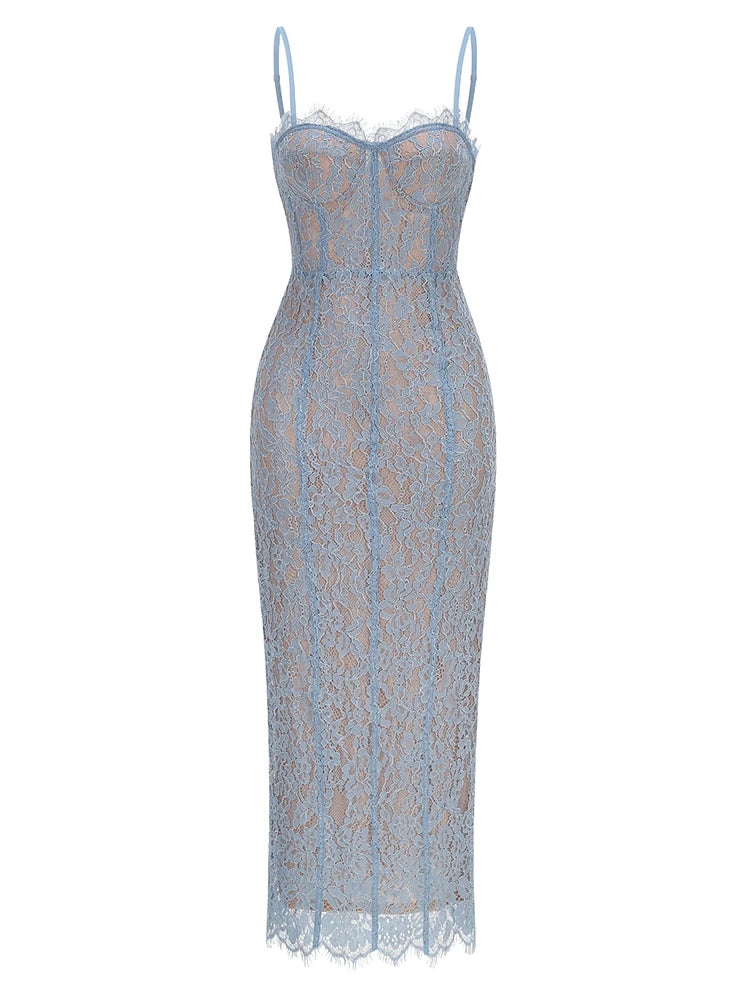Elegant Black Floral Lace Evening Dress | Sexy V-Neck Spaghetti Strap Bodycon Dress | Slim Fit Ankle-Length Celebrity Party Gown | Premium Tatting Slight Stretch Sheath Dress Model F1459 Luxegan