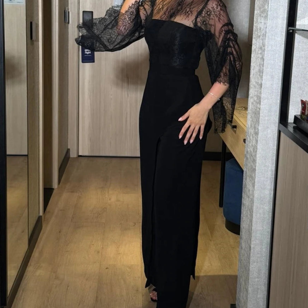  Lace Straight Evening Dress | High-Neck Full Sleeve Ankle-Length Prom Gown Luxegan