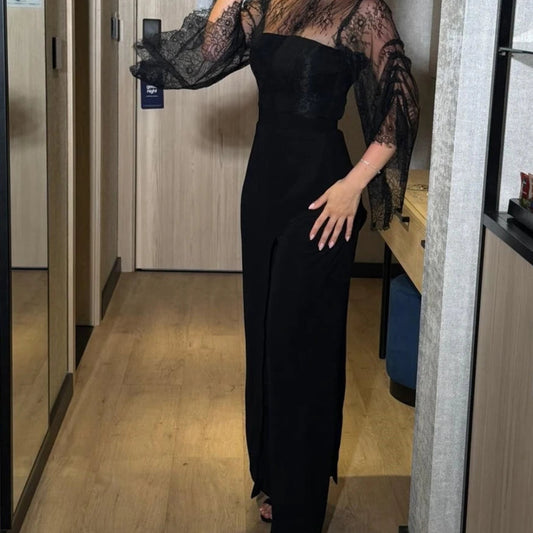  Lace Straight Evening Dress | High-Neck Full Sleeve Ankle-Length Prom Gown Luxegan