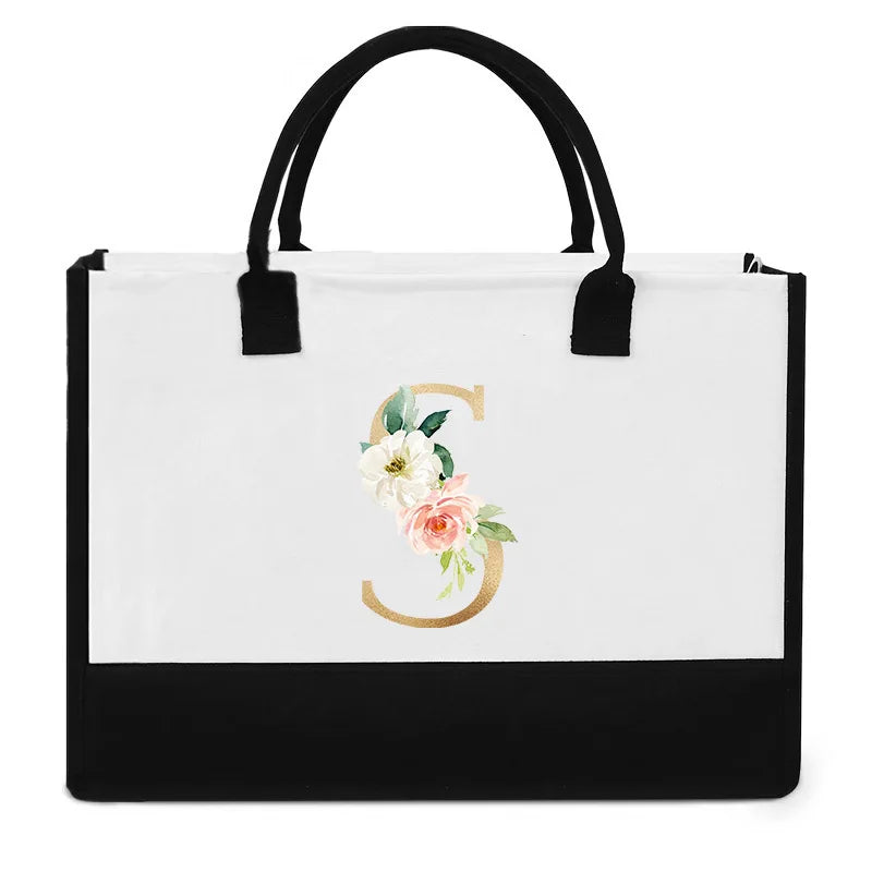 High-Quality Reusable Jute Shopping Bag | Waterproof Fashion Tote with Floral & Letter Print | Versatile Cotton Blend Bag for Beach, Picnics, and Grocery Stores Luxegan