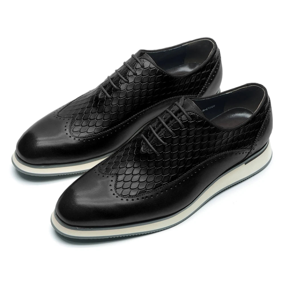 Men's Natural Genuine Leather Oxfords | Classic European Style Snake Print Casual Sneakers (Breathable) Luxegan