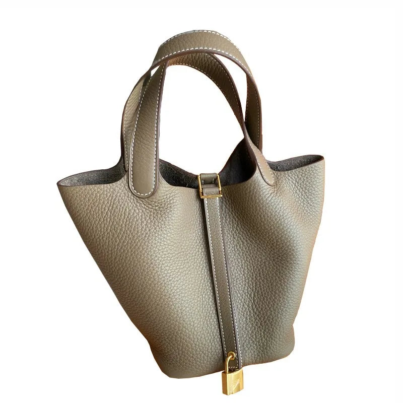Stylish Bucket Shopping Tote Bag for Women | Soft PU Litchi Pattern Handbag with Lock & Small Horse Scarf (Classic, Versatile) Luxegan