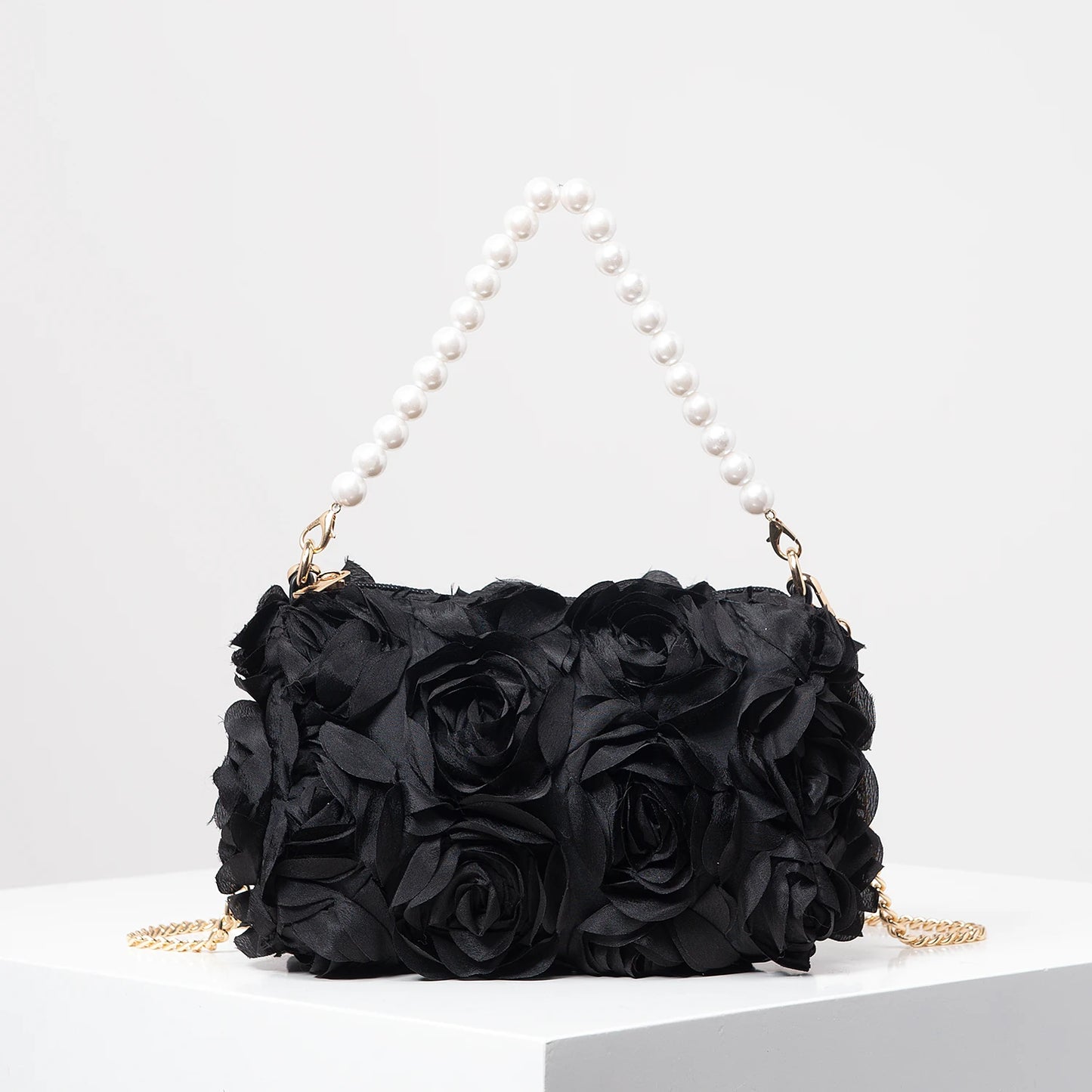 Polyester Floral Square Bag | Soft Elegant Rose Flower & Faux Pearl Dinner Clutch Luxegan
