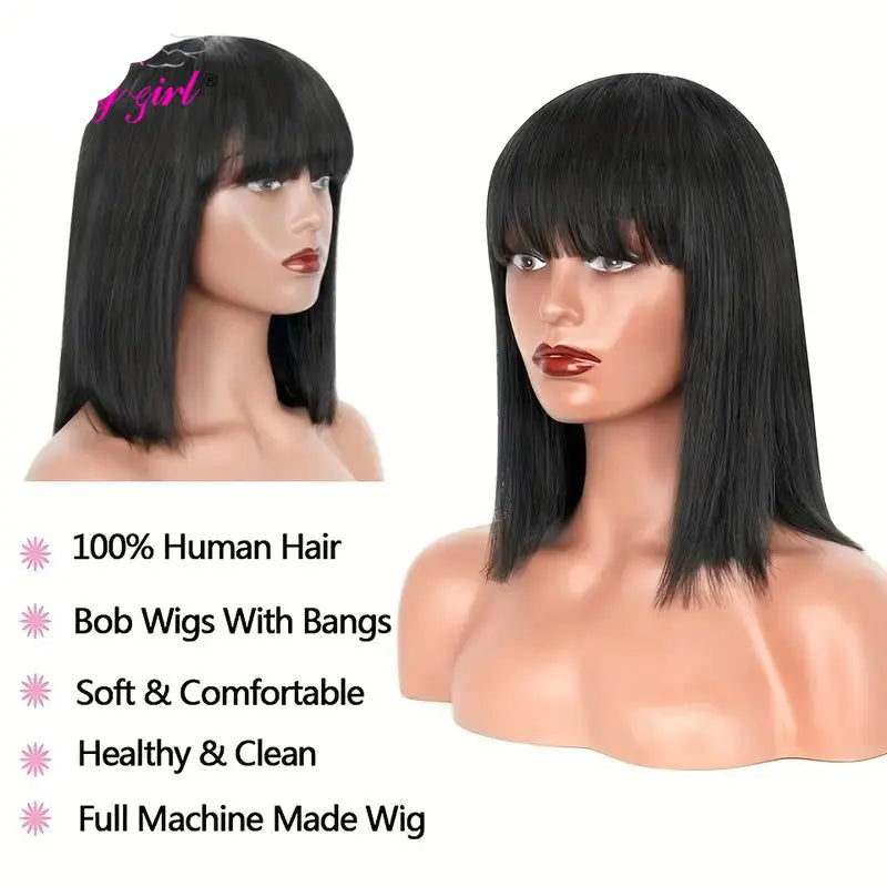 Sleek Straight Short Bob Human Hair Wig with Bangs | 180% Density Fully Machine-Made Glueless Brazilian Remy Human Hair Wig | Classic Fringe Bob for Women (8-16 Inch, Natural Color / #99J Burgundy / #30 Honey Blonde) Luxegan