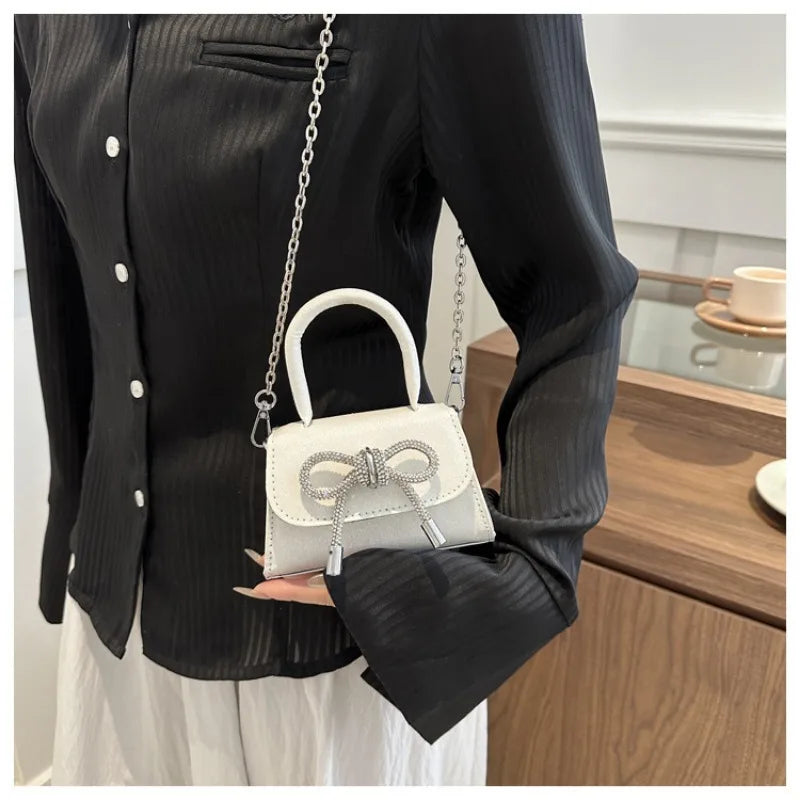 Glitter Small Square Handbag | PU Leather Bow Design Shoulder Bag