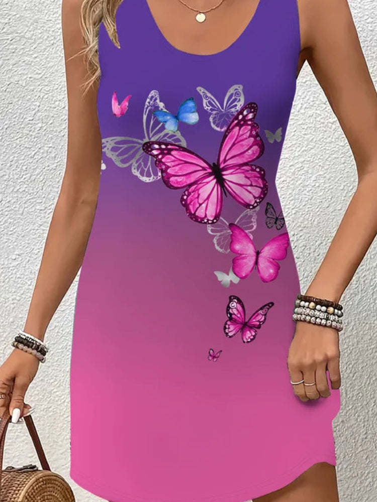 Summer Beach Vacation Dress | Colorful Butterfly & Flowers 3D Print Sundress | Elegant O-Neck Sleeveless Vest Dress | Premium Knit Loose Fit A-Line Mini Robe Model BD83 Luxegan