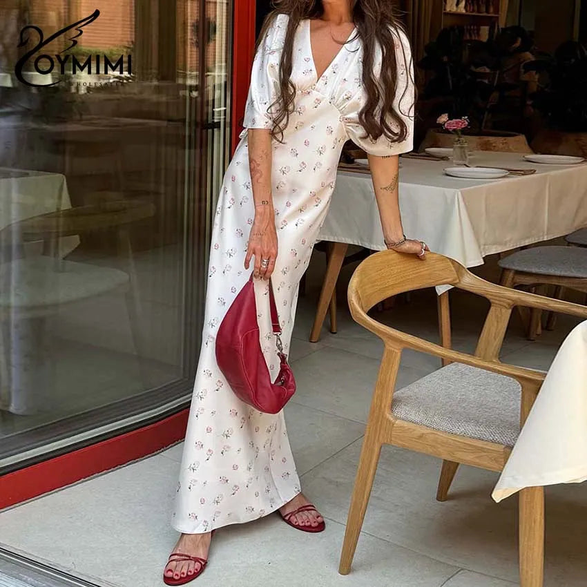 Print Casual V-Neck Half-Sleeve Batwing Slim Straight Floor-Length Dress – Non-Stretch Woven Polyester, Empire Waist, Spring/Autumn Luxegan