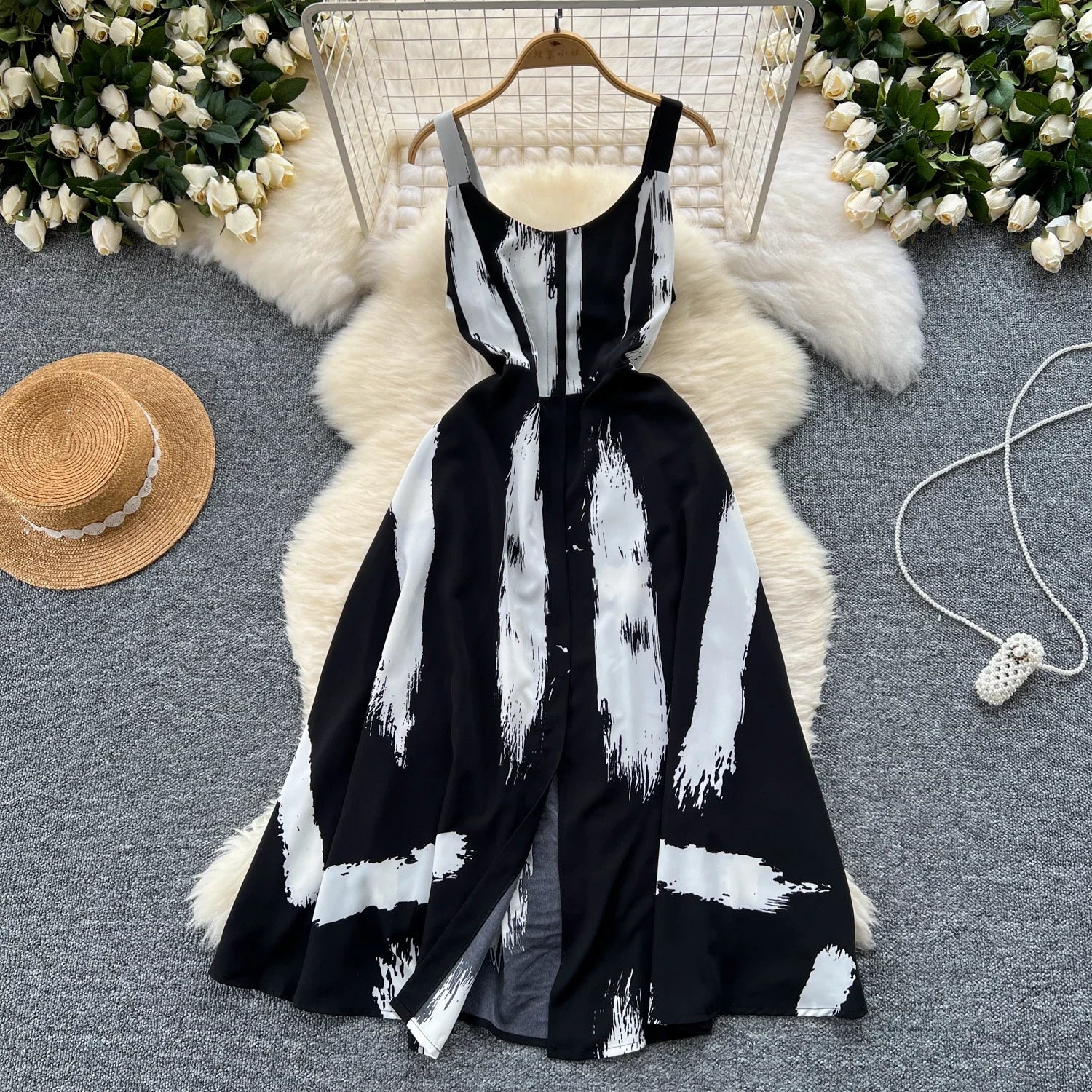 Women's Elegant Summer Print Midi Sundress | Sweet O-Neck Backless Vacation Beach Dress | High Waist Split Regular Fit Camisole Gown | Premium Tatting A-Line Spaghetti Strap Luxegan