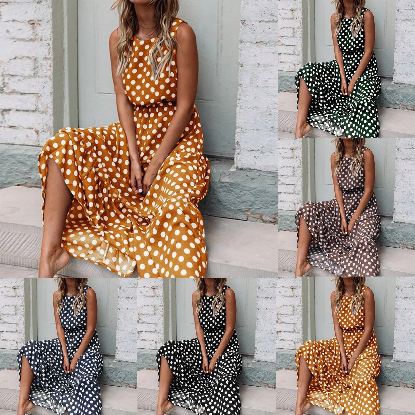 Polka Dot Boho Sundress Women Summer Beach Maxi Long Dresses Sexy Elegant Sleeveless Belts Evening Party Dress Vestido De Mujer