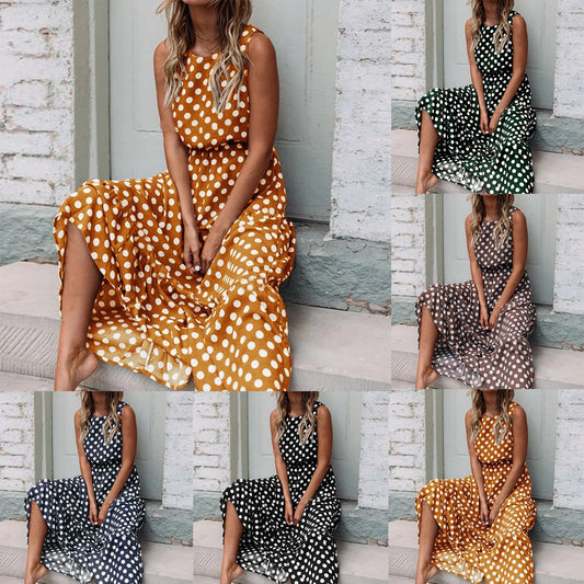 Women's Polka Dot Boho Summer Beach Sundress | Elegant Sleeveless Belted Evening Party Dress | Vintage O-Neck High Stretch Holiday Maxi Dress | Premium Cotton Polyester A-Line Luxegan