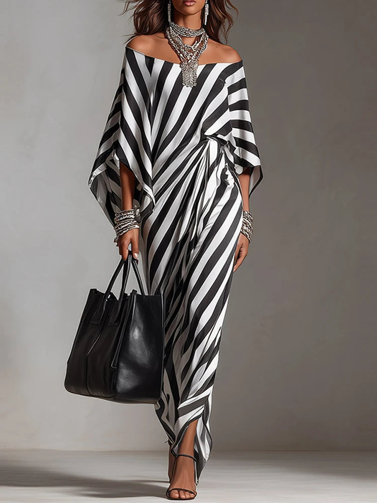 Off-Shoulder Half Sleeve Printed Loose Boho Midi Dress | Elegant Beach Holiday Maxi Dress Luxegan