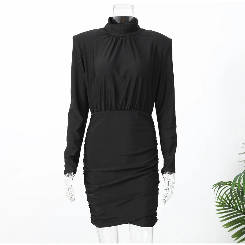 Pleated Shoulder Pad Mini Dress | High Collar Full Sleeve Slim Power Dress Luxegan