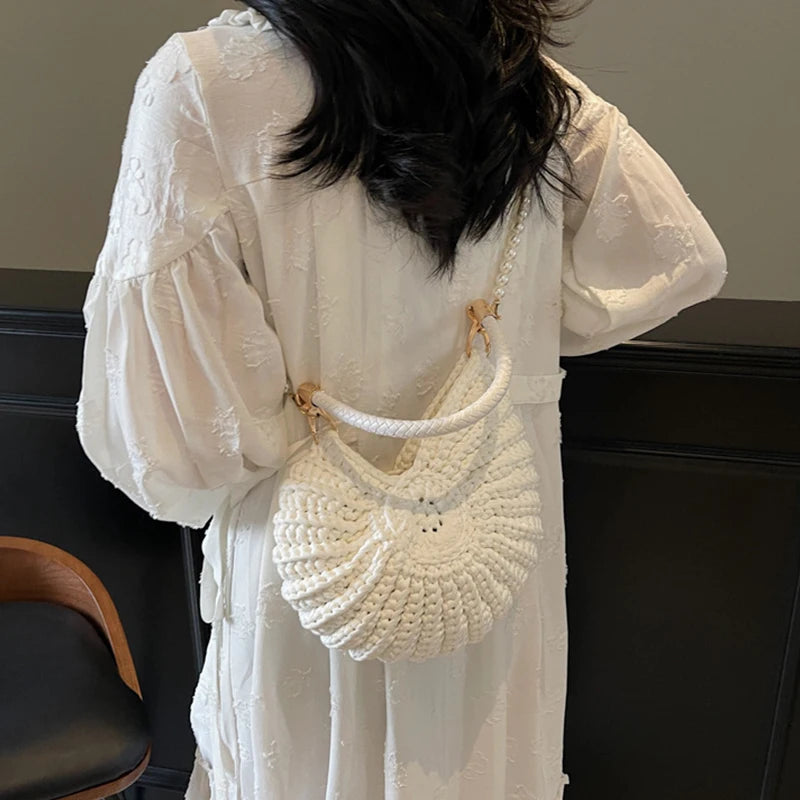 Crochet Conch Shell Bag | Elegant Pearl Chain Crossbody Purse Luxegan