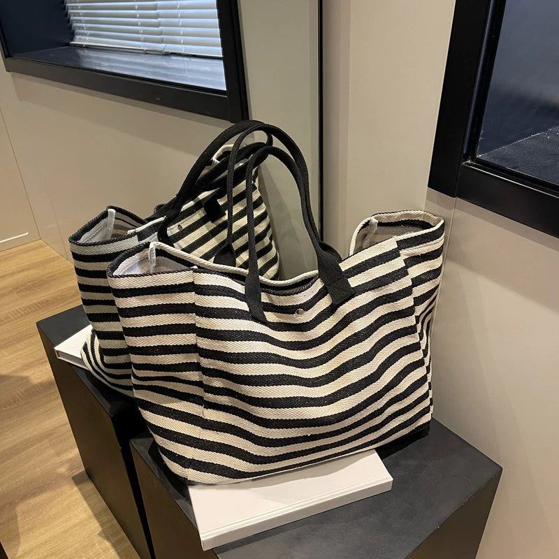 Casual Striped Canvas Bag for Women | Large Capacity Shoulder Bag & Daily Shopping Tote (Student Bookbag for School, Travel, Beach) Luxegan
