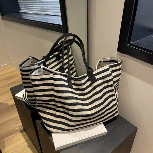 Casual Striped Canvas Bag for Women | Large Capacity Shoulder Bag & Daily Shopping Tote (Student Bookbag for School, Travel, Beach) Luxegan