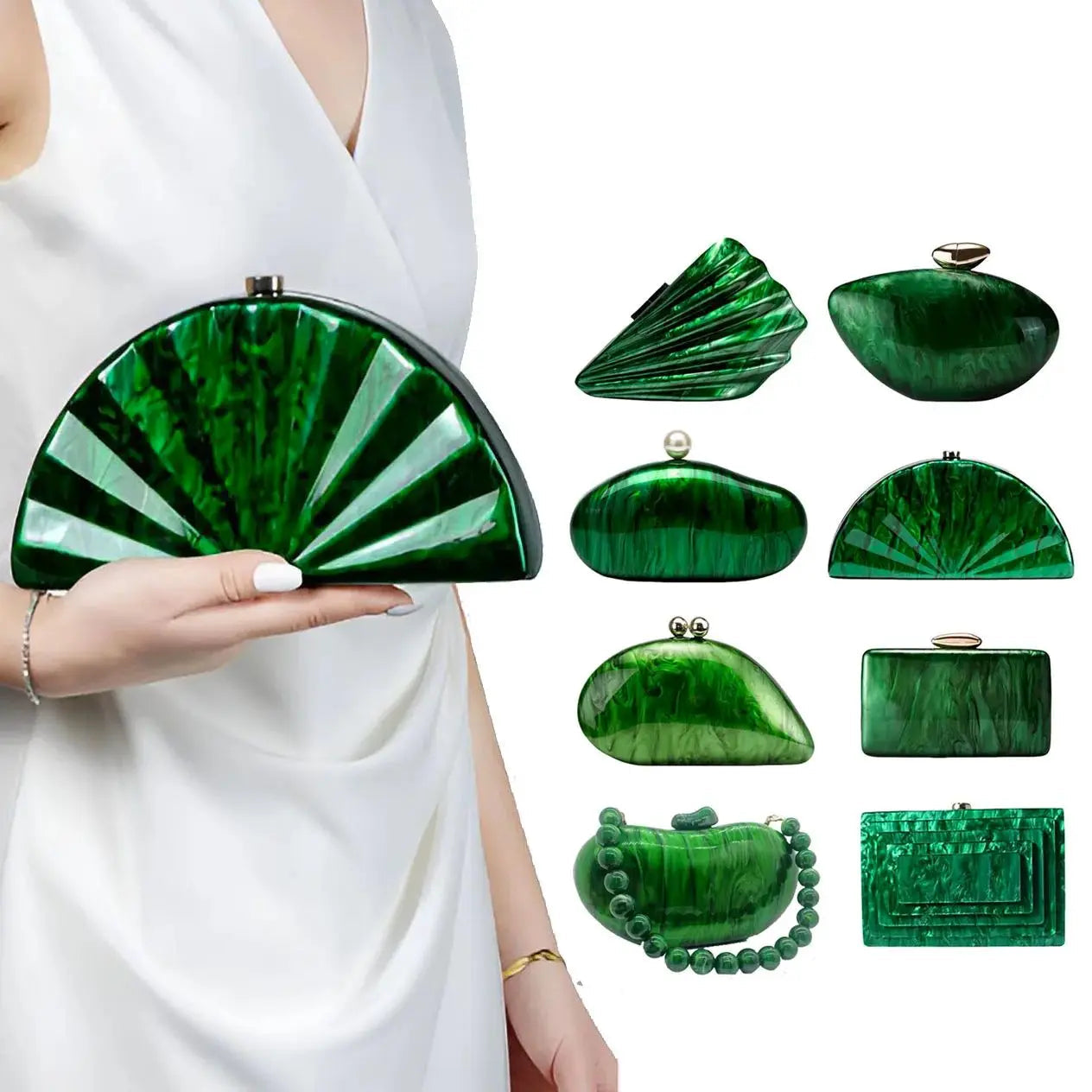 Acrylic Shell Minaudiere | Hard Marble Green Pearl Bridal Handbag Luxegan