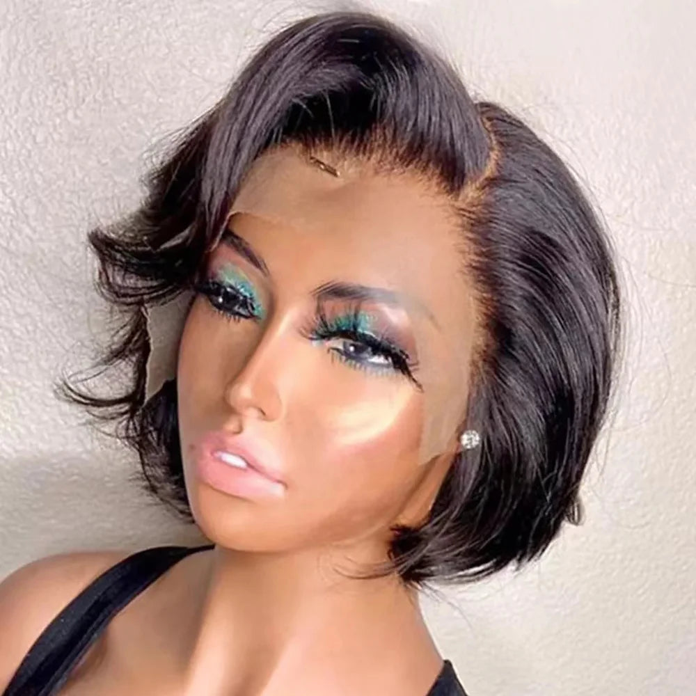 Asymmetrical Side-Part Straight Pixie Bob Wig | 13x1 Transparent Swiss Lace Frontal Wig | 100% Brazilian Remy Human Hair Short Straight Pixie Cut Wig for Women (Natural Black) Luxegan
