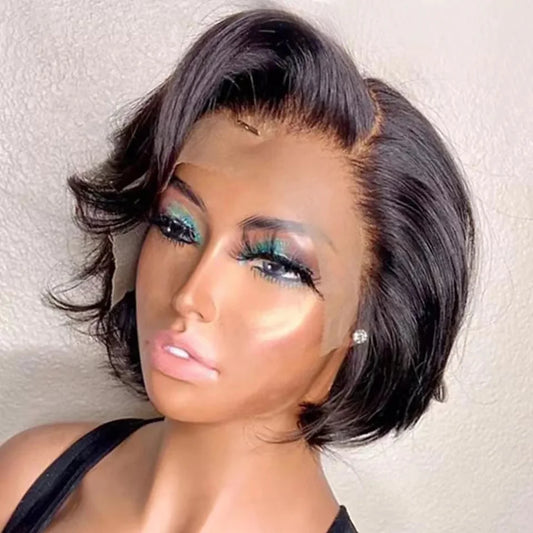 Asymmetrical Side-Part Straight Pixie Bob Wig | 13x1 Transparent Swiss Lace Frontal Wig | 100% Brazilian Remy Human Hair Short Straight Pixie Cut Wig for Women (Natural Black) Luxegan