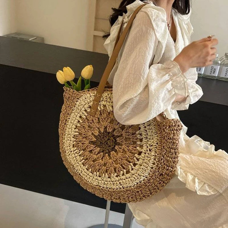 Round Straw Casual Tote Bag | Sophisticated Woven Beach Vacation Handbag | Elegant Holiday Travel Purse | "Dignified" Hard-Shell Circular Bag for Versatile Summer Styling Luxegan