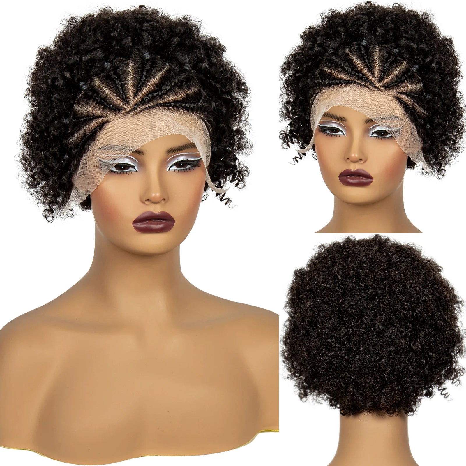Natural Black Synthetic aBraided Wig | 13x4 Transparent Lace Front Short Afro Kinky Curly Braids Luxegan