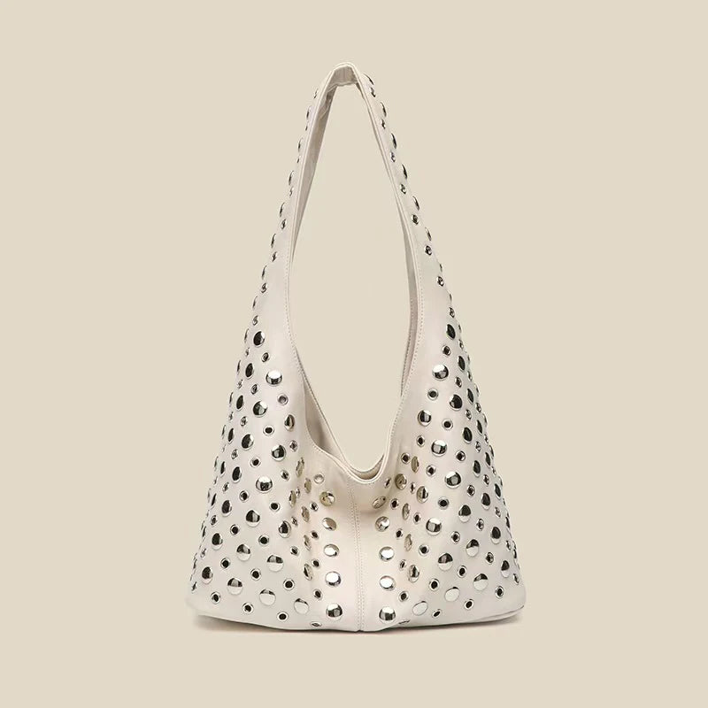 Women's New Round Dot Rivet Handbag | Fashion Solid Color Bucket Bag | Premium PU Leather Underarm Shoulder Tote | Versatile Unisex Fashion Bag Model 8699 with Polyester Lining Luxegan