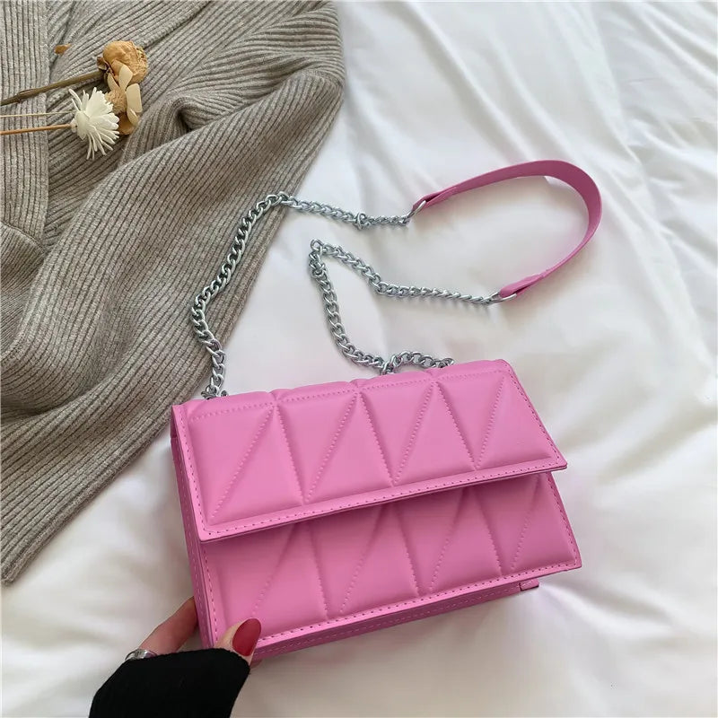 Embroidery Plaid Chain Flap Bag | Sophisticated Solid-Color Shoulder Handbag | Elegant Casual Crossbody Purse | "Dignified" Hard Square Bag for Versatile Daily Styling Luxegan