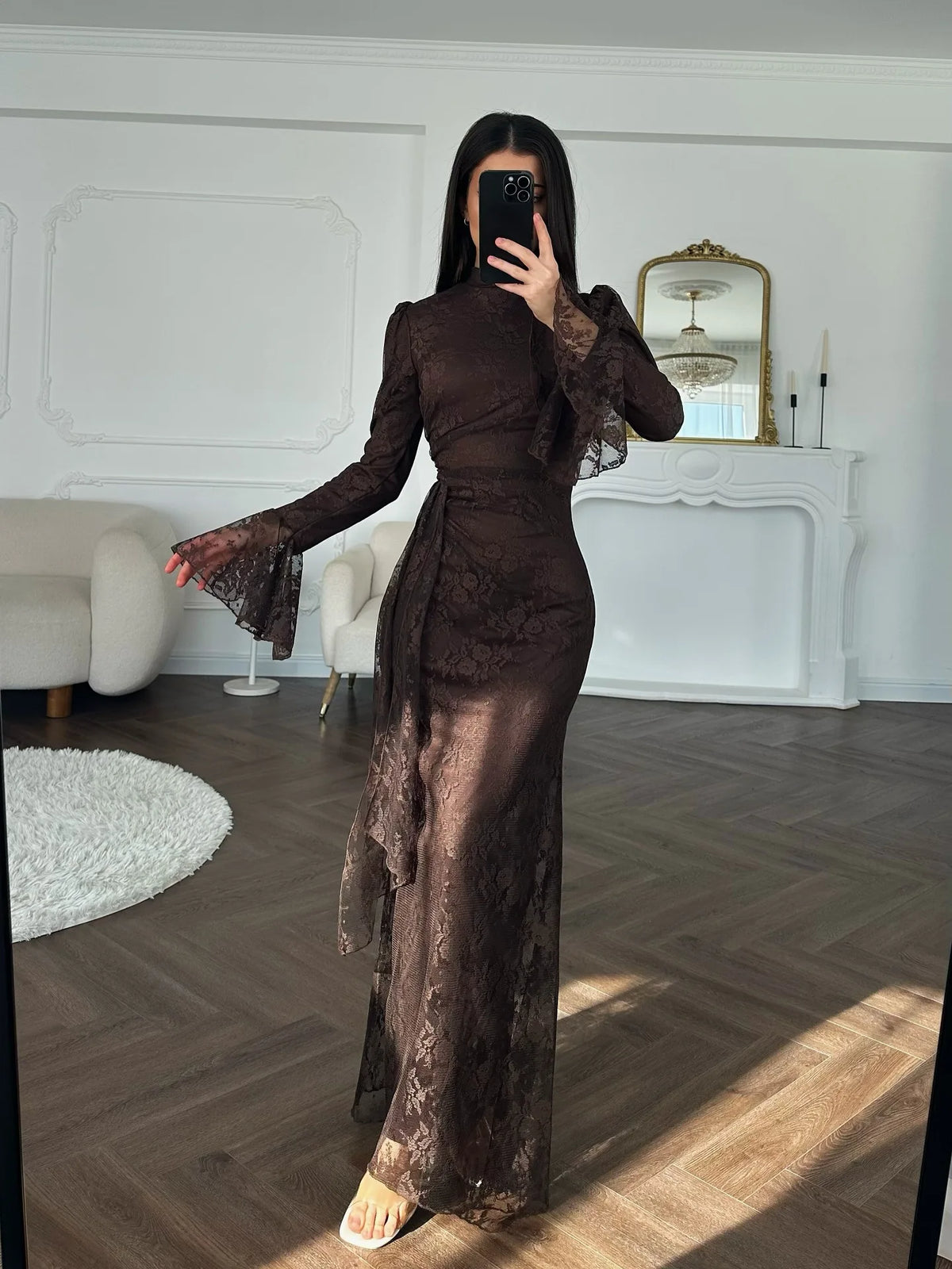 Solid O-Neck Full-Length Sleeve Lace Detail Slim Fit Sheath Ankle-Length Dress – Empire Waist, Spring/Summer Luxegan