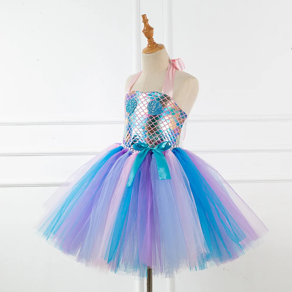 Kids Girls Cosplay Party Dress Princess Dress Up Mermaid Tulle Tutu Dresses Theme Birthday Party Costume with Flower Headband
