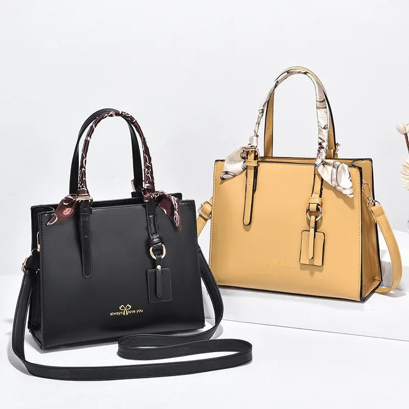 New Elegant Ladies’ Shoulder Messenger Bag | Sophisticated Simple PU Leather Square Bag | Fashion-Forward Large Capacity Handbag with Silk Scarf Decoration | Professional High-Street Casual Tote Luxegan