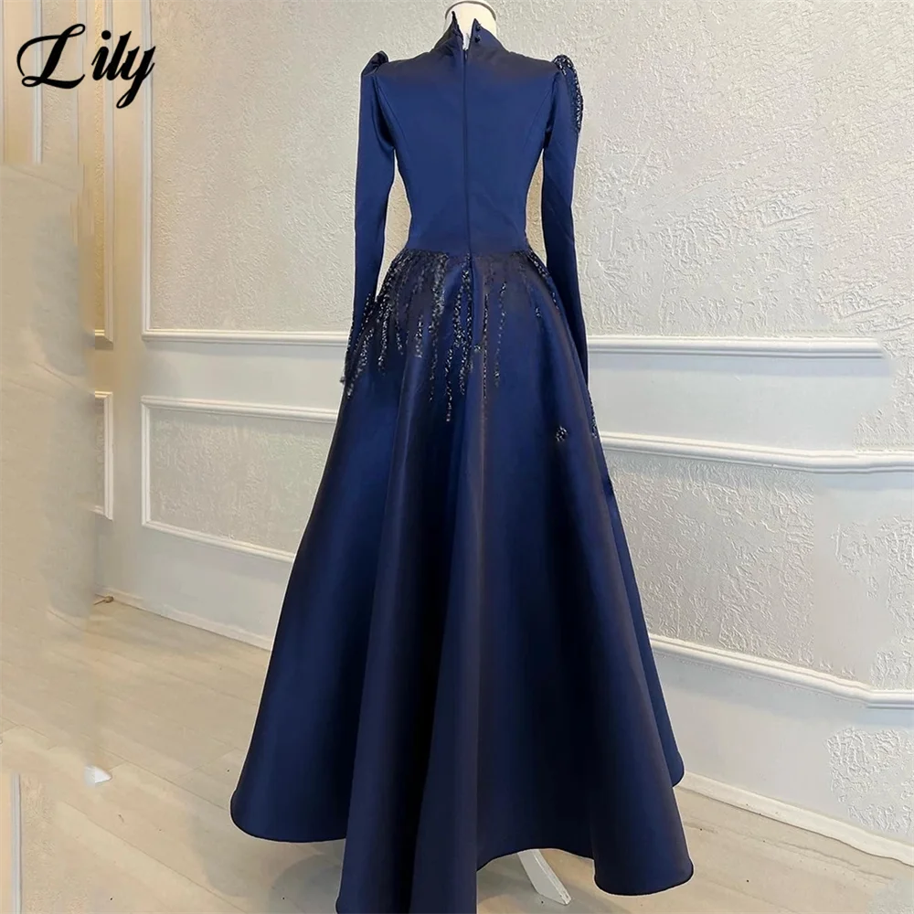 Lily Dark Blue Elegant Prom Dresses Satin High-Neck Long Sleeves Evening Dresses with Beaded Embroidery فساتين السهرةCustomized