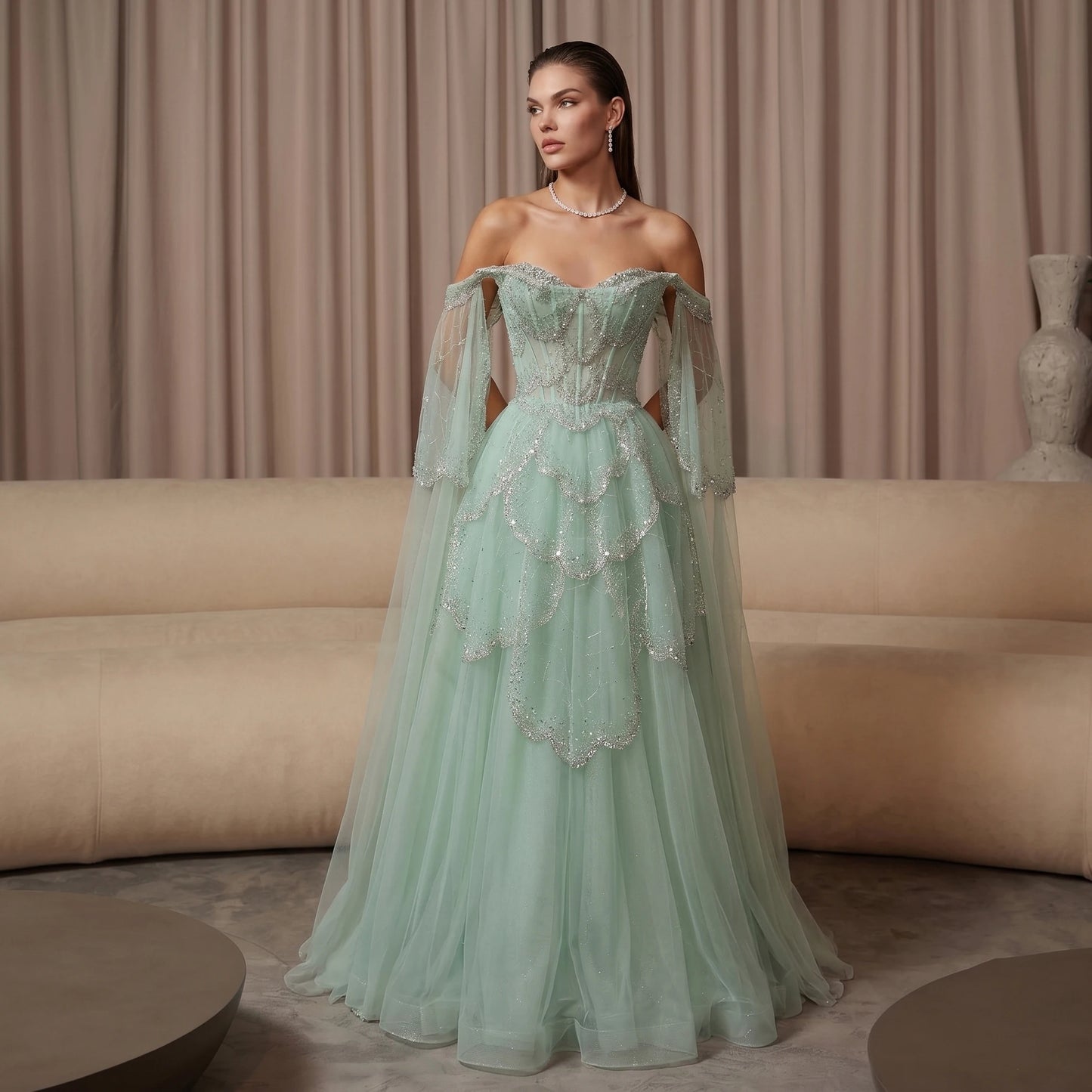 Off-Shoulder Sage Green Evening Gown | Fluid Cape-Sleeve Luxury Gala Dress | Sparkling Crystal Beading Floor-Length A-Line Gown Luxegan