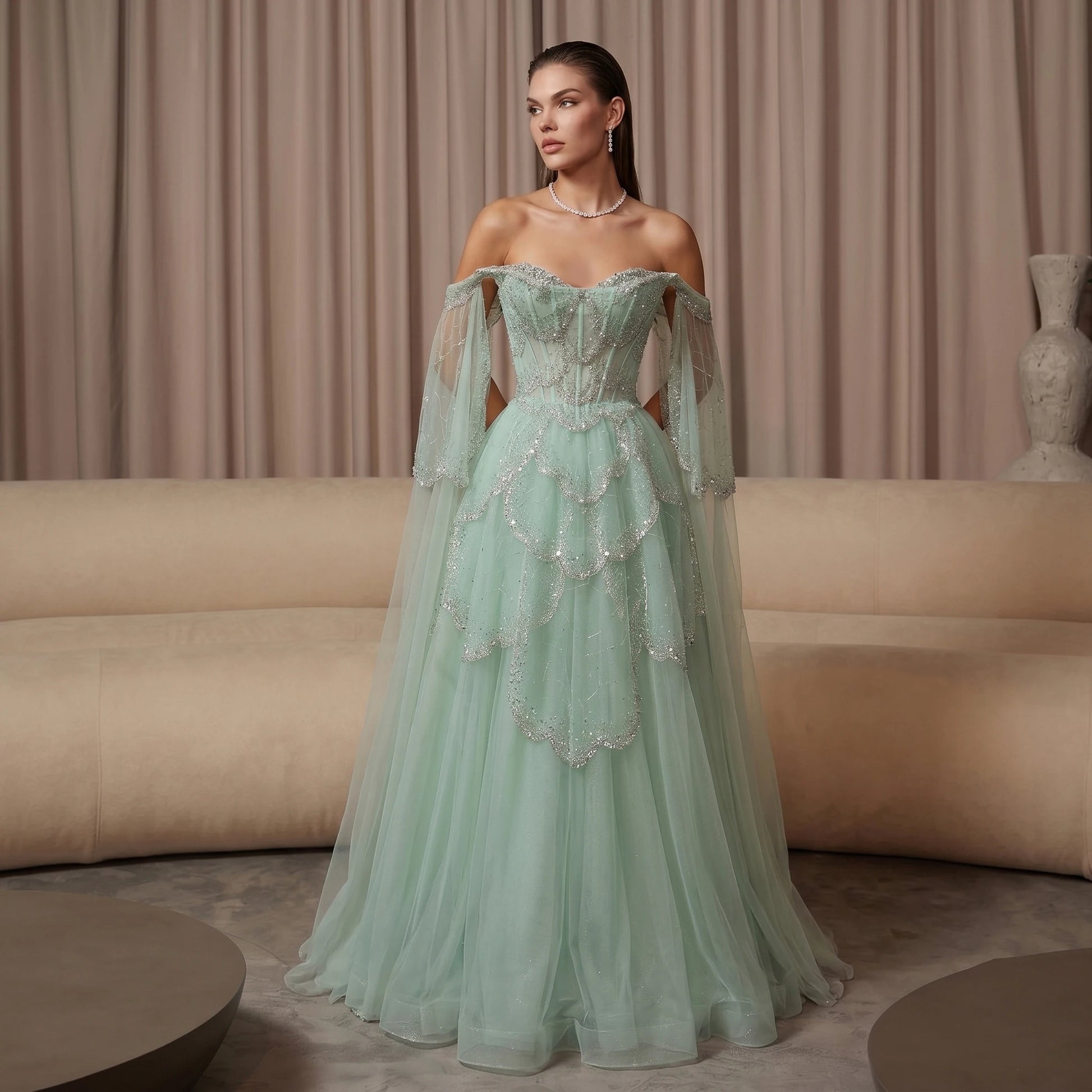 Off-Shoulder Sage Green Evening Gown | Fluid Cape-Sleeve Luxury Gala Dress | Sparkling Crystal Beading Floor-Length A-Line Gown Luxegan