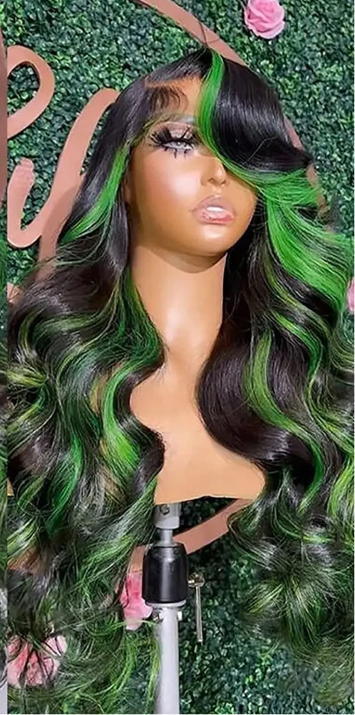Highlight Green Body Wave Wig | Sophisticated 13x4 HD Lace Frontal | Elegant Ombre "Skunk Stripe" Green High-Temperature Fiber | "Dignified" Pre-Plucked Glueless Wig for Radiant Versatile Styling Luxegan
