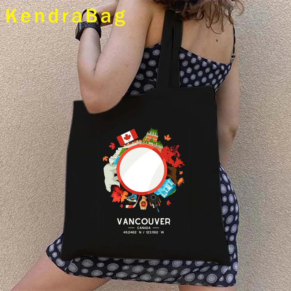 Canadian City Landscape Cotton Canvas Tote Bag | Happy Canada Day Tourist Gift | Reusable Eco-Friendly Shoulder Handbag (Women) Luxegan